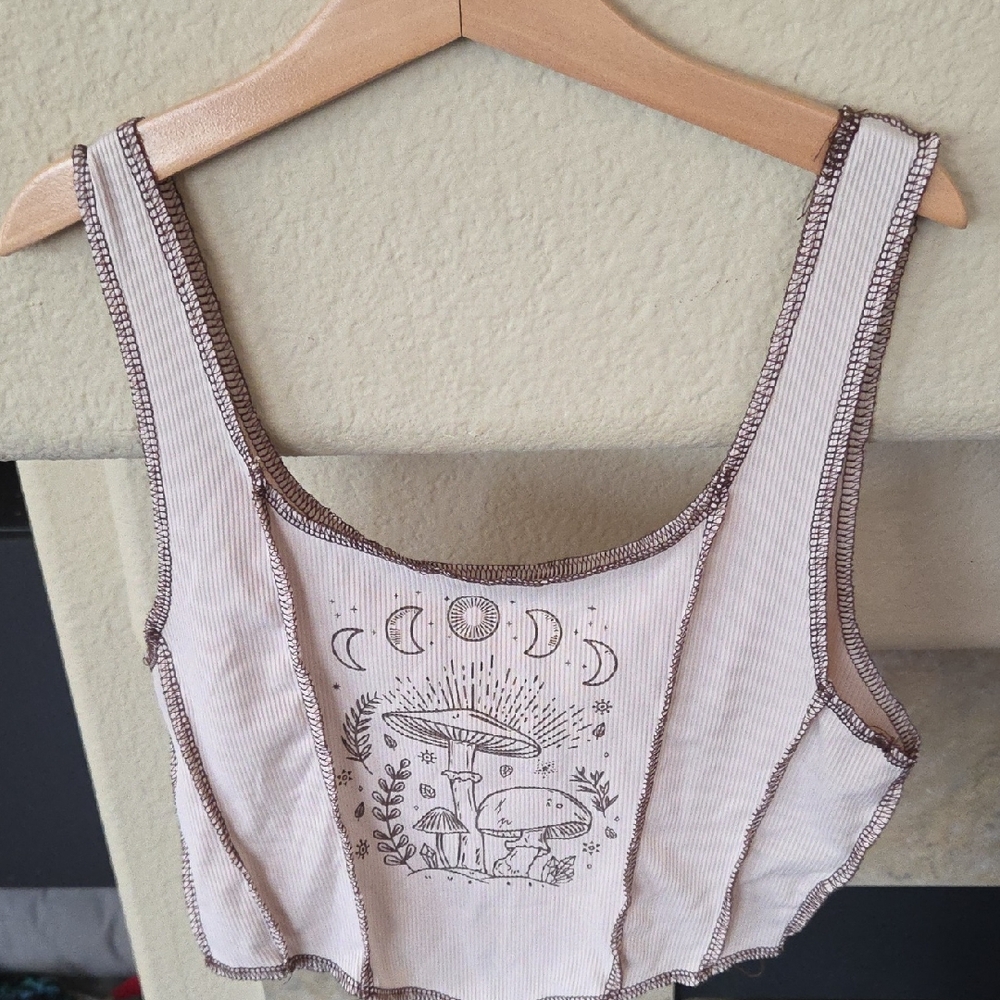 Boho Crop Top with Moon and Mushroom Design